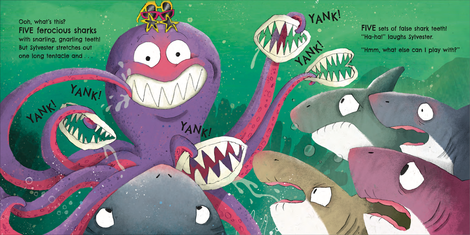 An excerpt from One Cheeky Octopus. Picture shows Sylvester the Octopus stealing false teeth from a group of sharks, and wearing a set in his own mouth.