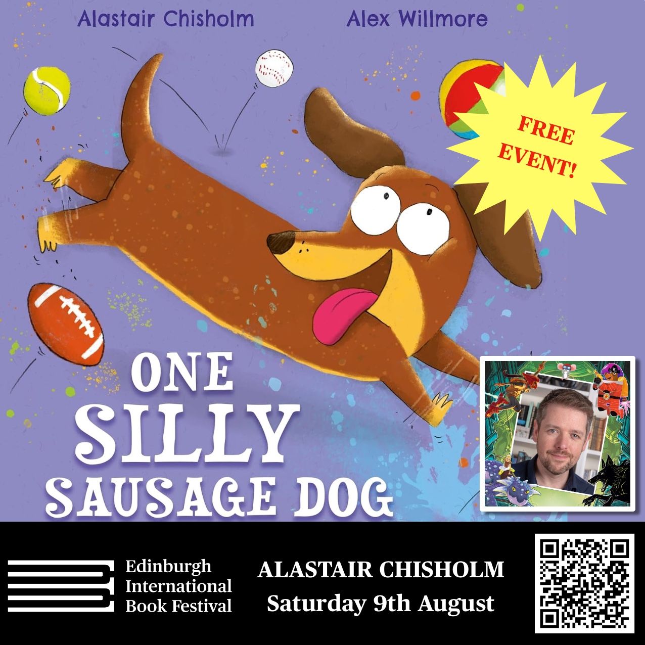Poster for a free storytelling session at Edinburgh Book Festival with One Silly Sausage Dog