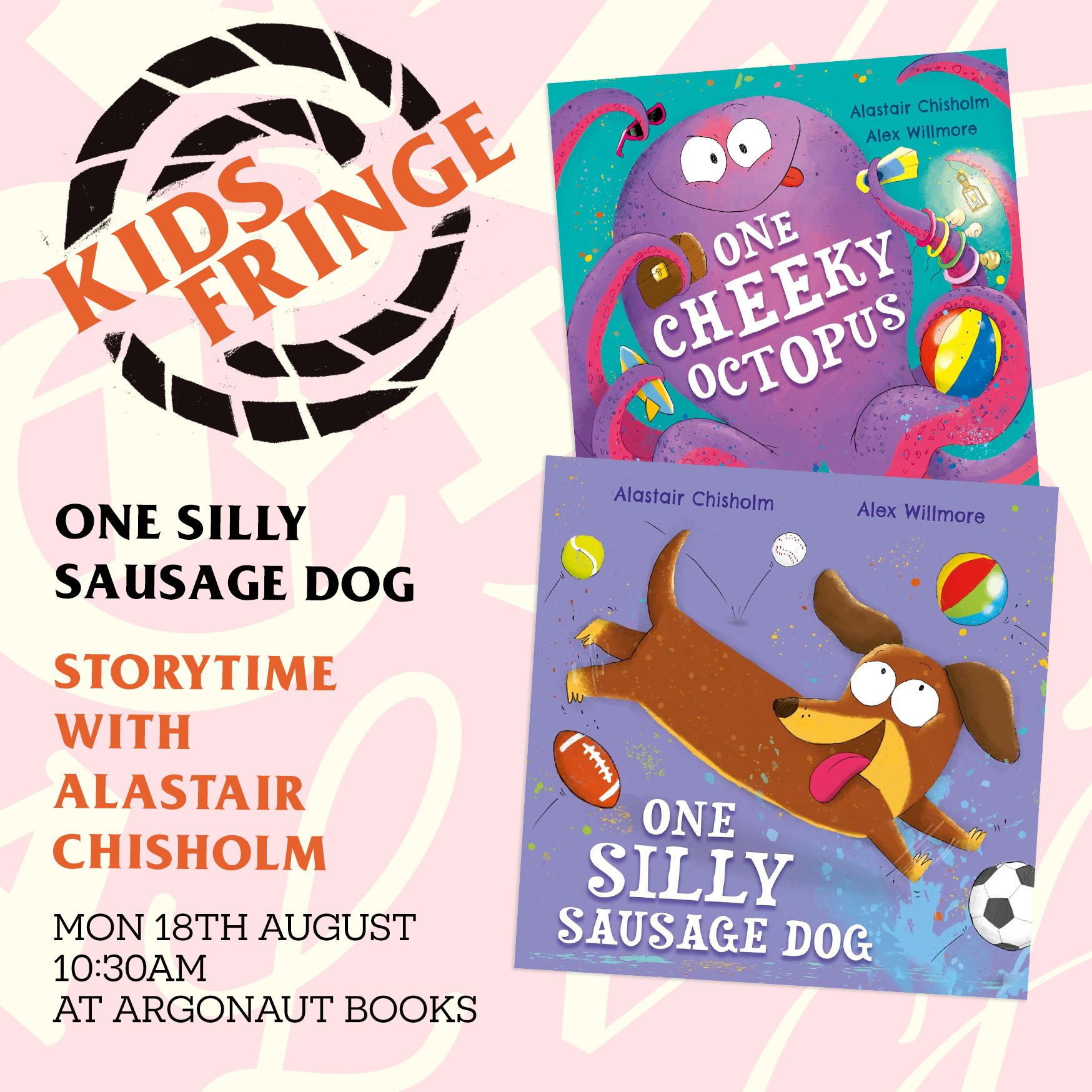 Poster for a free storytelling session at Argonaut Books with One Silly Sausage Dog