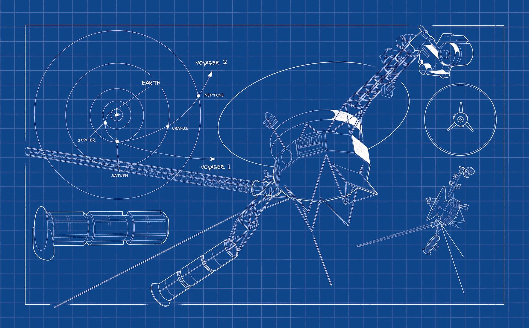 A blueprint diagram of the Voyager 1 Space Probe