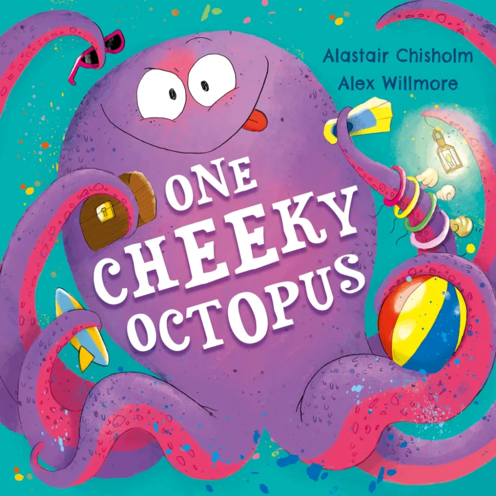 The cover for the book One Cheeky Octopus by Alastair Chisholm and Alex Willmore. Cover shows a grinning purple octopus stealing things.