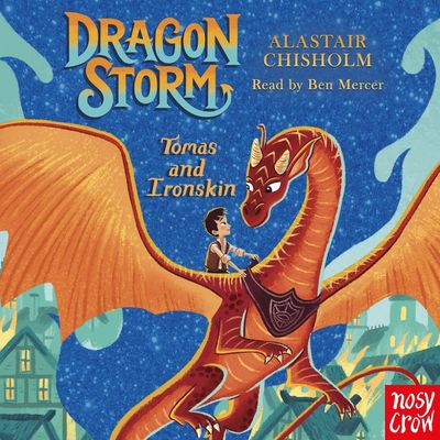 The cover of the book Tomas and Ironskin, showing a boy riding a dragon.